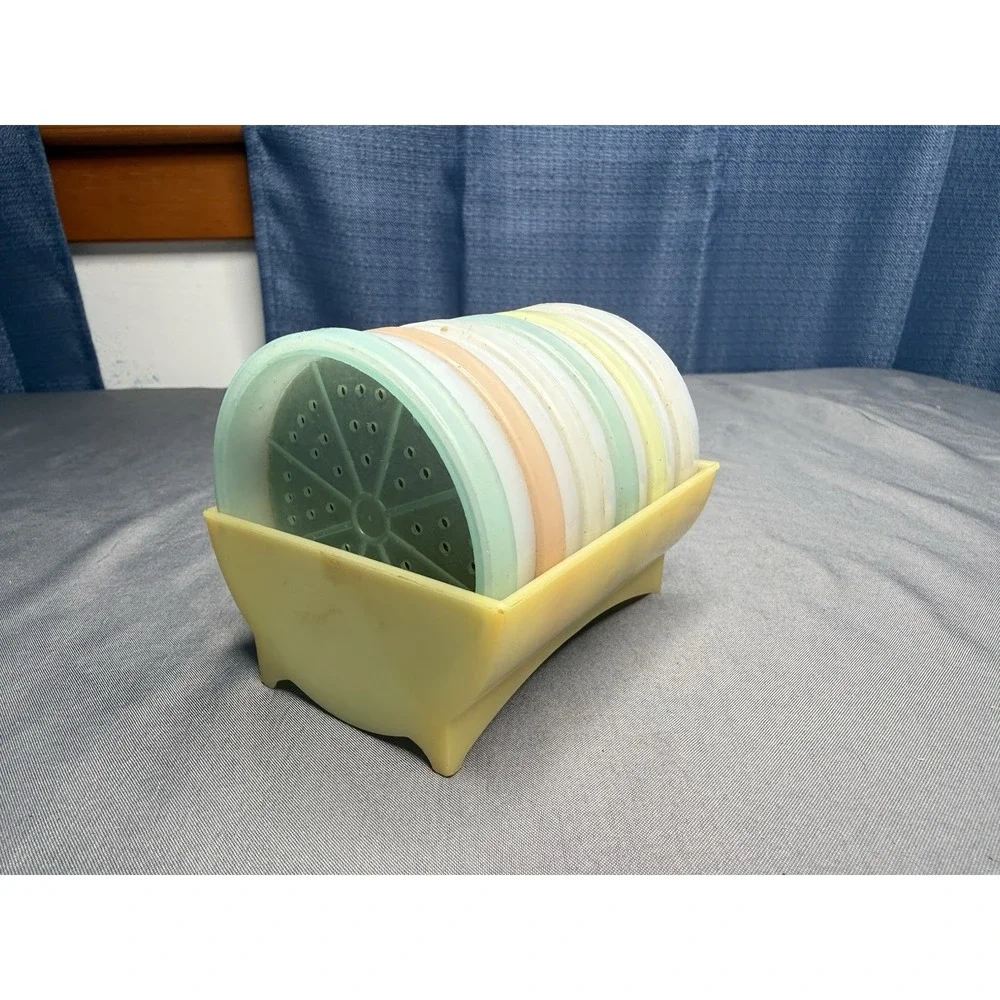 Vintage Tupperware Wagon Wheel Coasters with Holder Set of 6 - Pastel Colors